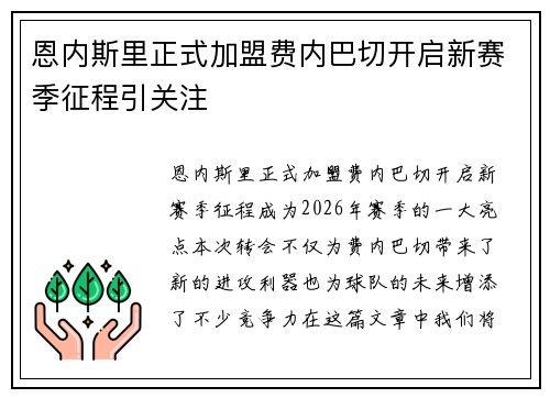 恩内斯里正式加盟费内巴切开启新赛季征程引关注