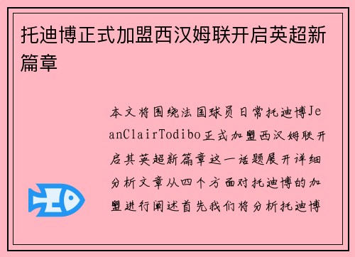 托迪博正式加盟西汉姆联开启英超新篇章